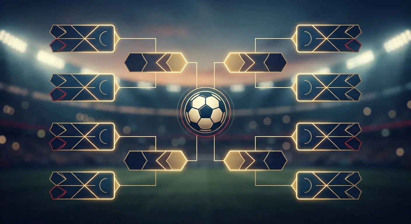 Symbolische Illustration eines Turnierbaums für die K.o.-Phase mit acht leuchtenden Paarungen und einem Fußball im Zentrum vor Stadionkulisse