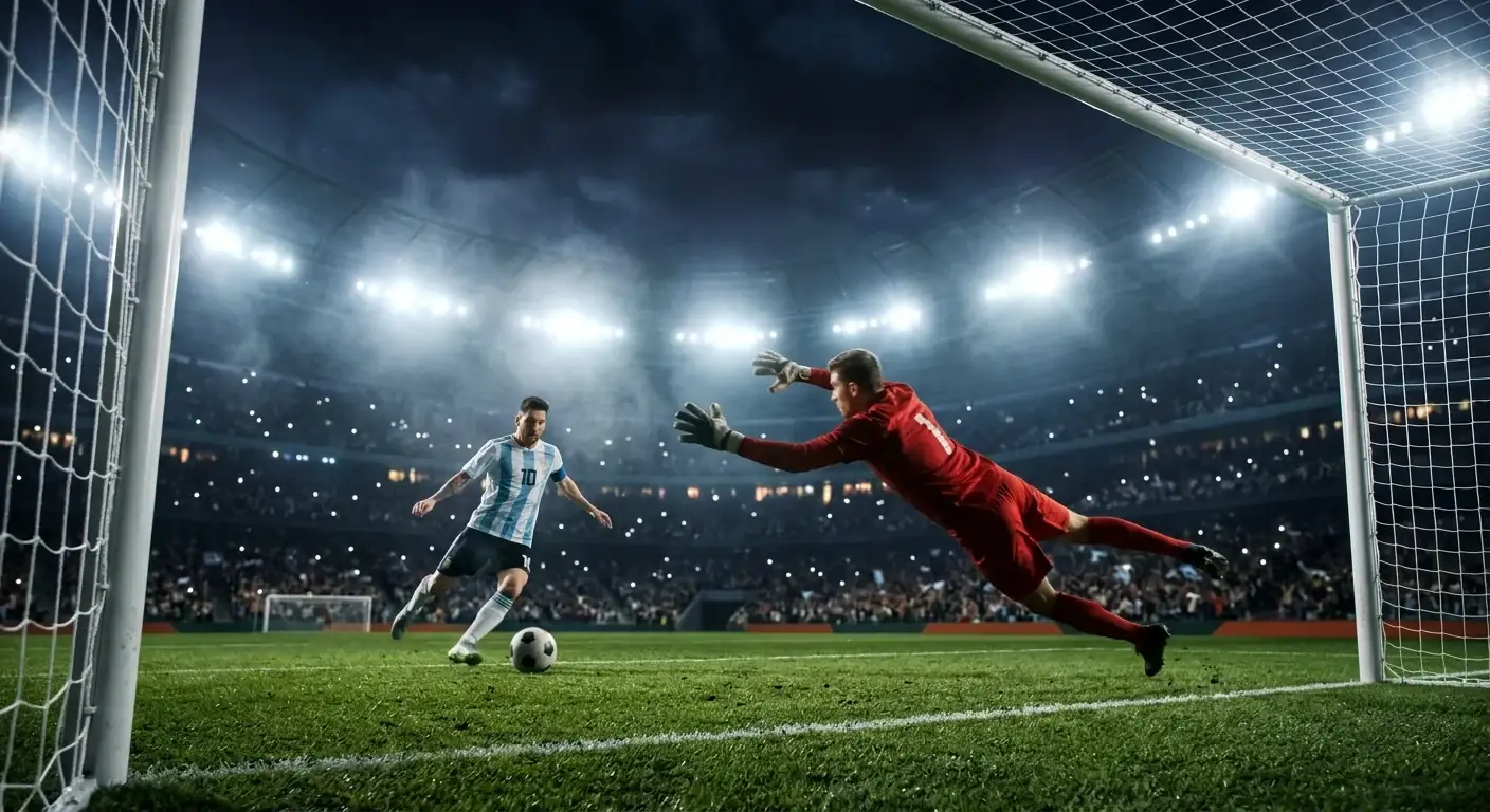 Symbolische Illustration eines nächtlichen WM-Viertelfinals mit einem kleinen Spielmacher in Hellblau-Weiß gegen einen überragenden Torhüter in Rot