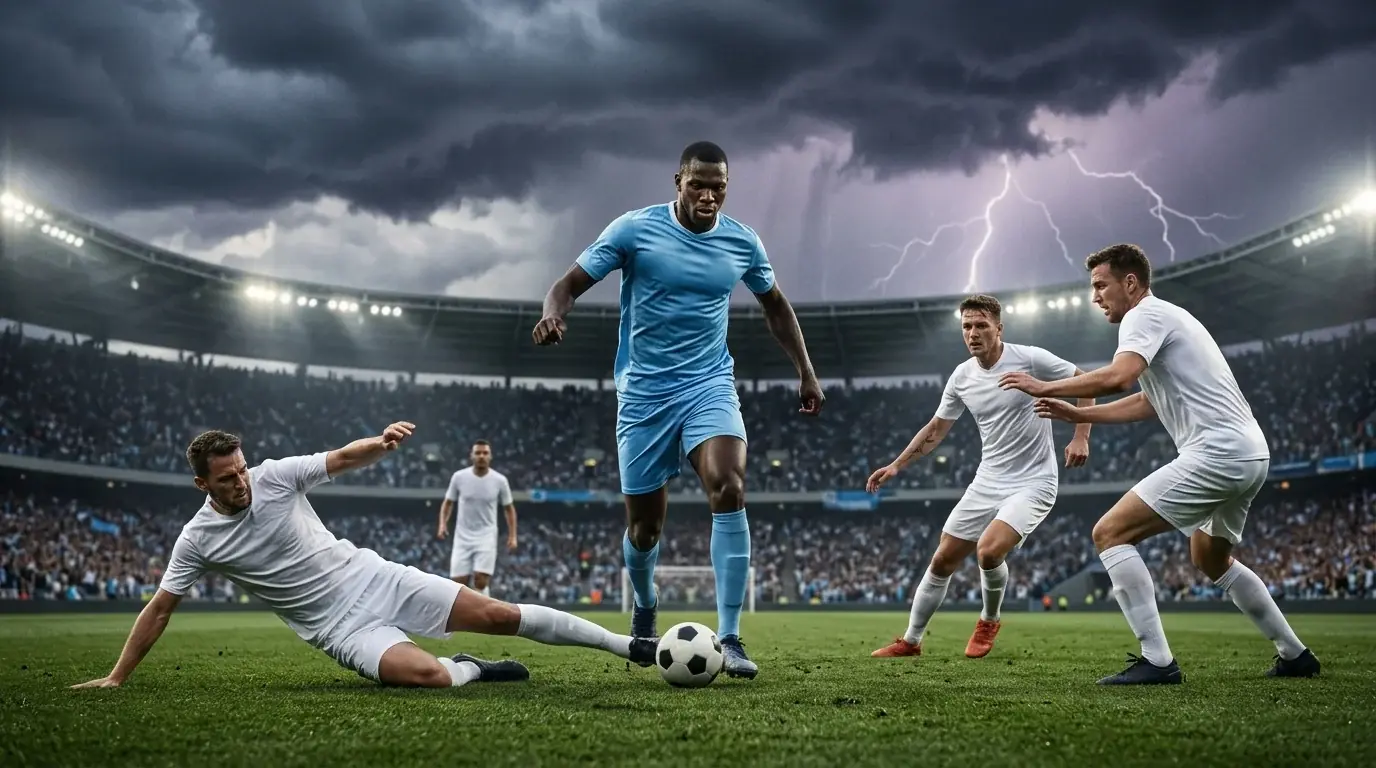 Symbolische Illustration eines WM-Viertelfinals mit einem dominanten skandinavischen Mittelstürmer gegen eine dezimierte englische Abwehr unter Gewitterhimmel