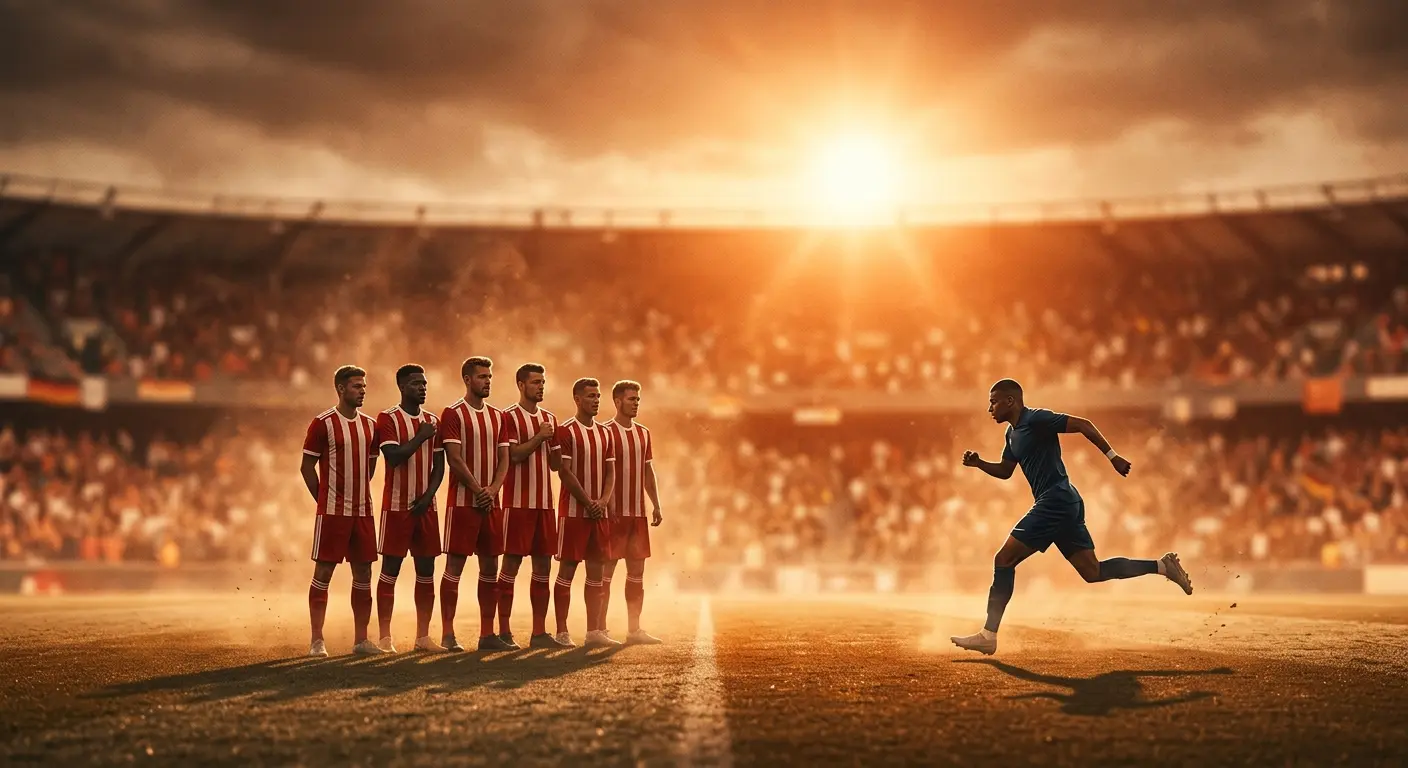Symbolische Illustration eines Achtelfinal-Duells bei greller Nachmittagshitze, ein Außenseiter-Team defensiv gestaffelt gegen einen offensiven Star