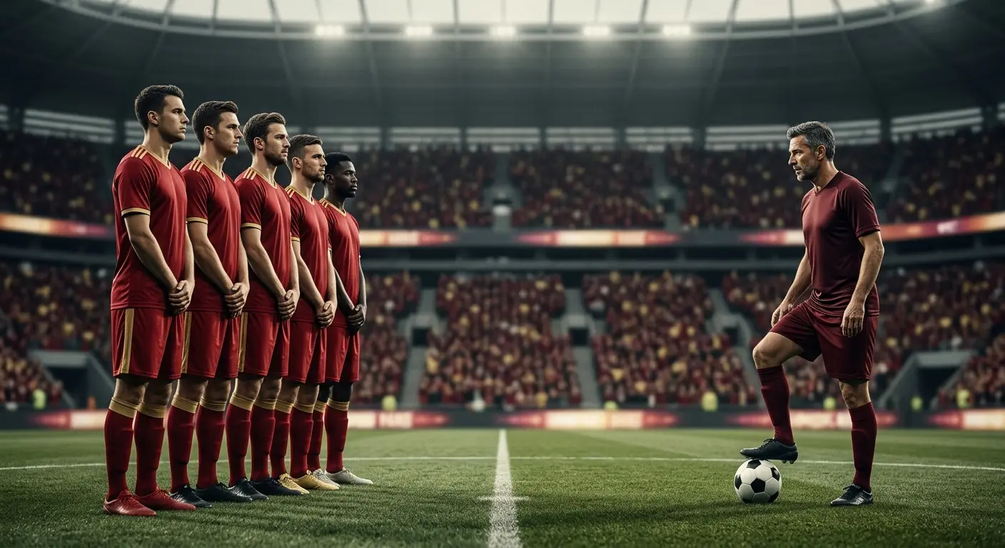 Symbolische Illustration eines iberischen Fußball-Prestigeduells, zwei gegensätzliche Spielstile symbolisch gegenübergestellt unter Hallenflutlicht