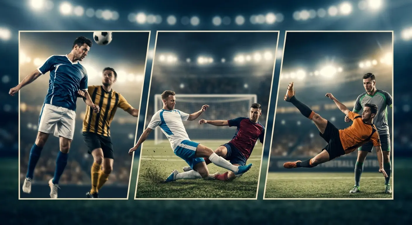 Symbolische Illustration von drei nebeneinander gestellten Fußball-Duellen unter Flutlicht als Collage eines K.o.-Spieltags
