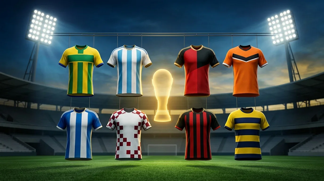 Symbolische Illustration eines Viertelfinal-Tableaus mit acht stilisierten Nationaltrikots unter WM-Flutlicht